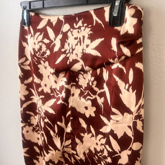 ZARA's Floral Brown/Tan/Red Satin-Effect Midi Straight Skirt Front Slit Size XS - Picture 2 of 10